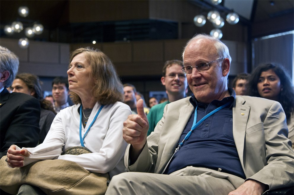 Laureate David Gross attending the live television broadcast from CERN