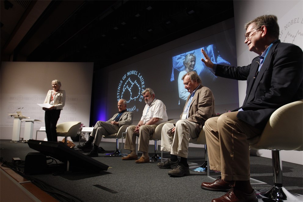 CERN panel discussion with Laureates David Gross, Martinus Veltman, Carlo Rubbia, and George Smoot (from left)