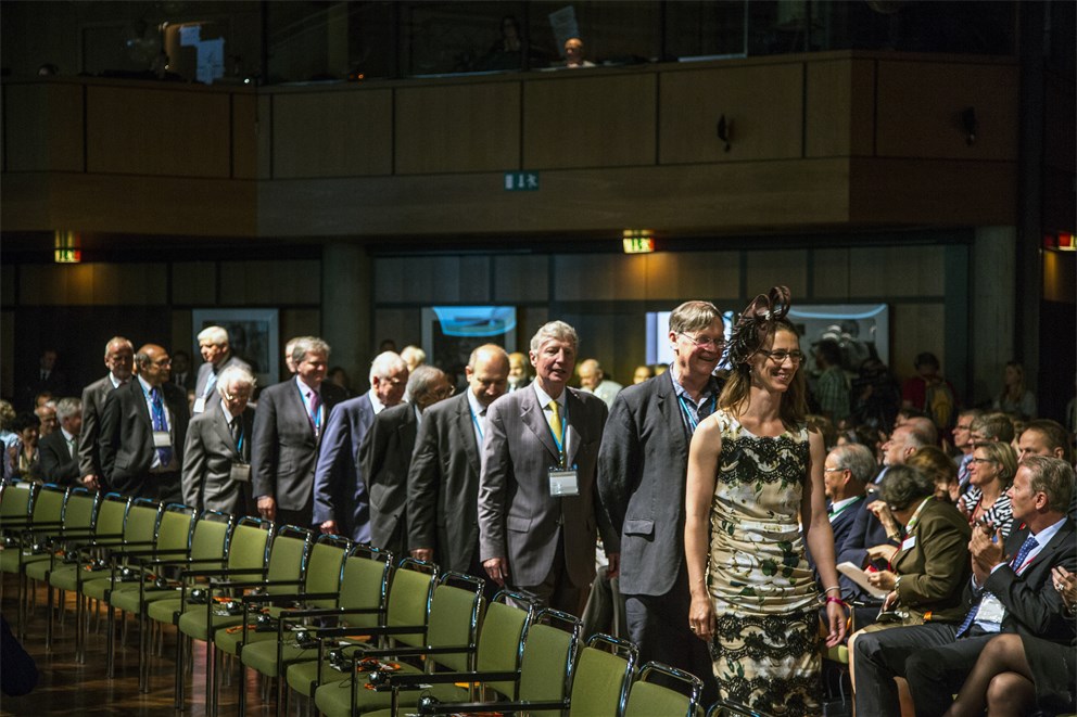 Laureates marching in during the opening ceremony of the 64th Meeting. 