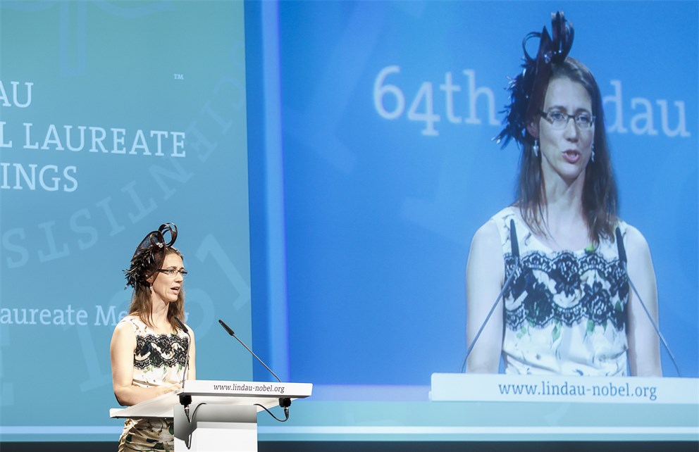 Countess Bettina Bernadotte holding her welcome speech during the opening ceremony at the 64th Meeting.